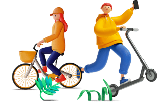 Deux joyeuses personnes à vélo et à trottinette