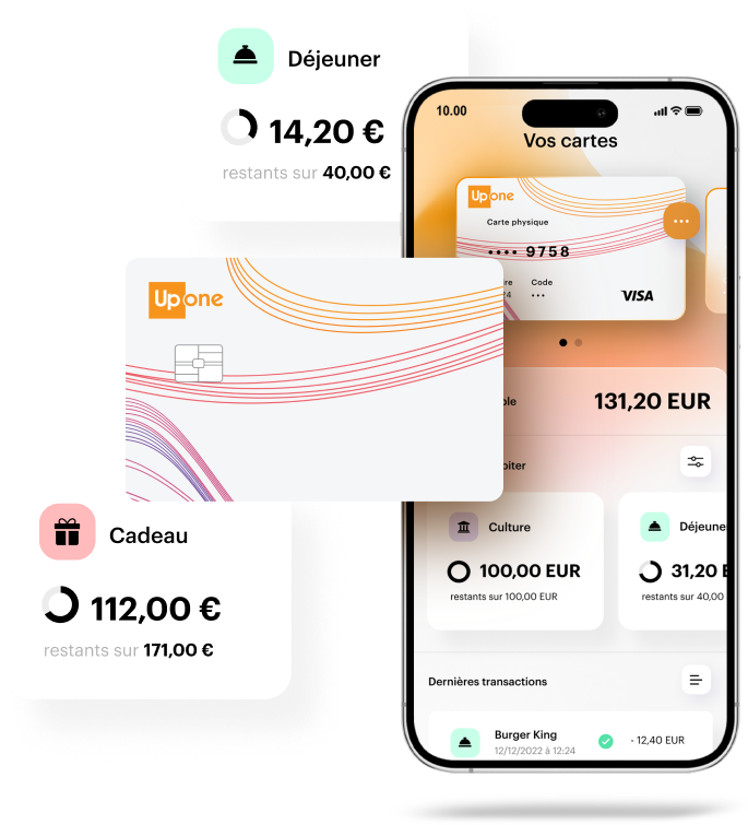 Exemple de l’interface mobile de l’app UpOne, de la carte UpOne, et de deux comptes