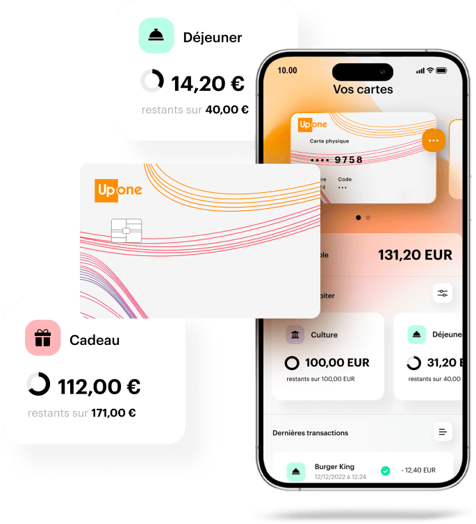 Exemple de l’interface mobile de l’app UpOne, de la carte UpOne, et de deux comptes