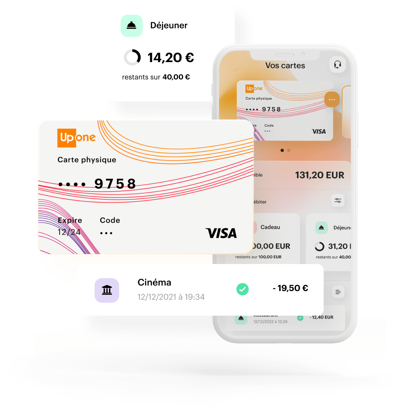 Exemple de l’interface mobile de l’app UpOne, de la carte UpOne, et d'un compte