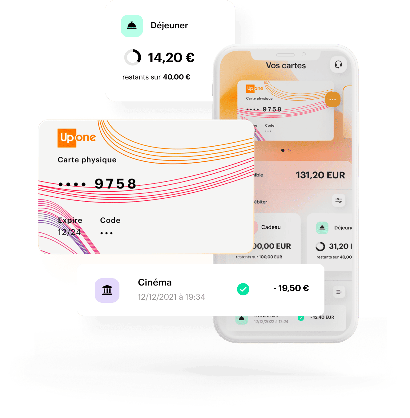 Exemple de l’interface mobile de l’app UpOne, de la carte UpOne, et d'un compte